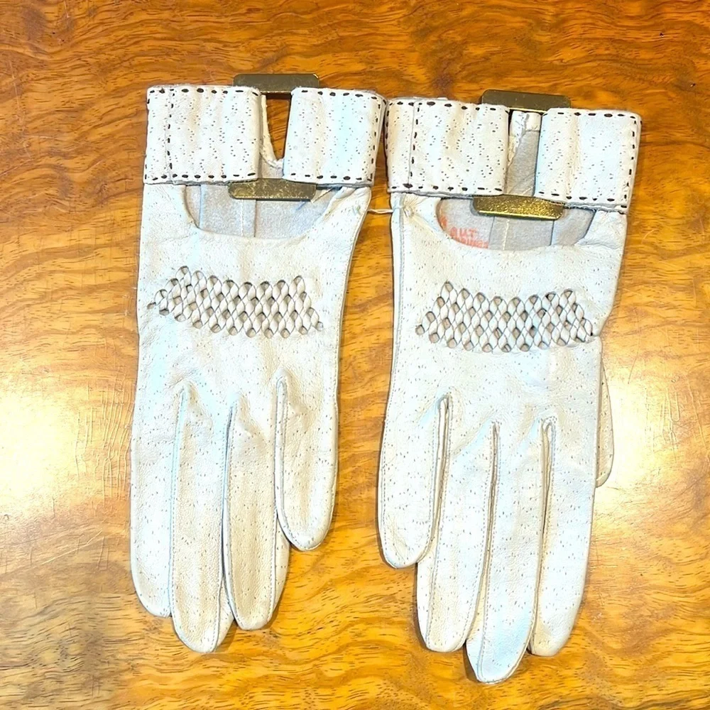 Van Raalte Sz 6.5 Vintage 8”Taupe Leather Lazer Goldtone Hardware Driver Gloves